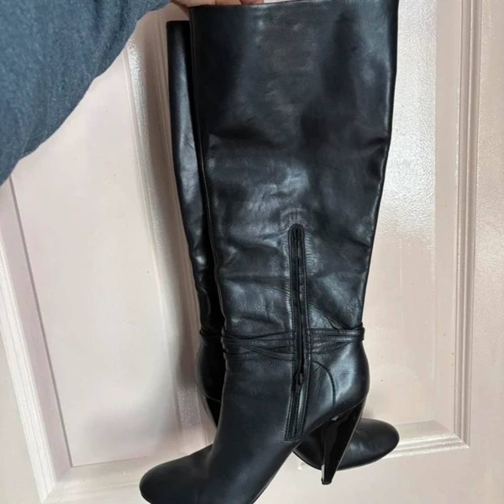 Women's Black Leather High-Heel Knee Boots